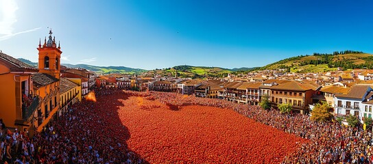 Obraz premium A Crowd Throws Tomatoes in a Spanish Town Square