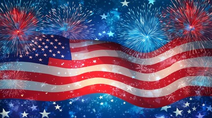 Happy Independence Day banner design featuring the USA flag and fireworks background. Suitable for 4th of July celebrations and patriotic events. 