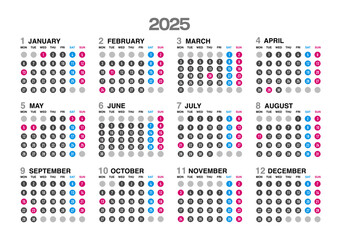 2025年の年間カレンダー月曜日始まり