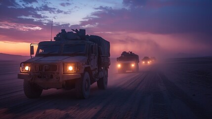 Military convoy of armored vehicles driving through dusty terrain at sunset in desert