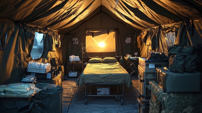 Inside view of a military field hospital tent with supplies at dawn