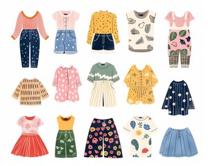 Upcycled clothing, colorful garments from old fabrics, flat design illustration
