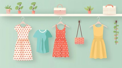 Vintage clothing, retro styles in modern settings, flat design illustration