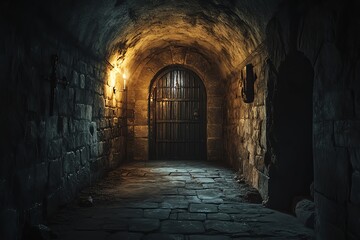 Obraz premium A Dark and Mysterious Stone Corridor Leading to a Fortified Door