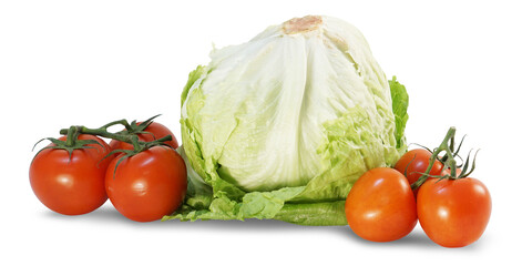 one Iceberg lettuce and 6 tomatoes, isolated