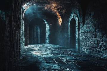 A Dark, Foggy Stone Corridor with Two Arched Doors