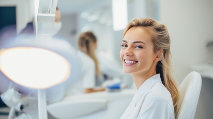Obraz premium young woman smiling on dental chair with white teeth at dental clinic ,generative ai