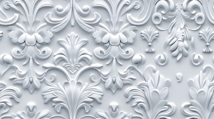 Ornate white floral pattern with intricate details, creating a luxurious and elegant design, Seamless pattern.