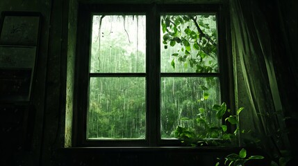 A window with a plant in front of it in the rain