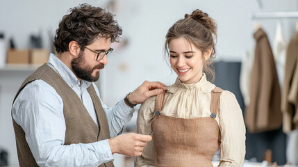 A man is helping a woman with her dress. The man is wearing a vest and glasses.