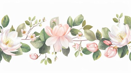 Naklejka premium Magnolia and ivy garland, garden decoration element, handdrawn, soft colors, isolated on white background