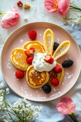 Obraz premium A plate of pancakes topped with whipped cream and berries