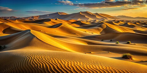 Golden desert dunes glowing in soft light with dramatic shadows , golden, desert, dunes, soft light, shadows, dramatic, sand