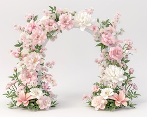 Magnolia and rose garden archway, floral decor element, 3D illustration, soft pinks and whites, isolated on white background