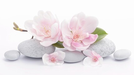 Magnolia blossom in zen garden, tranquil arrangement element, photorealistic, calming hues, isolated on white background