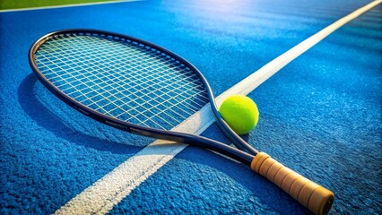 Tennis racket and ball on a blue court , sports equipment, tennis, game, competition, leisure, recreation, fitness