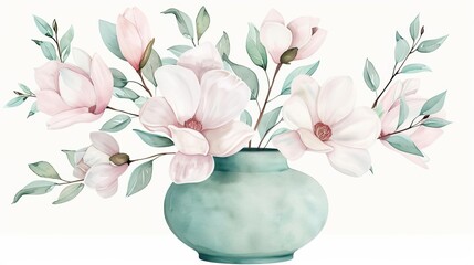 Obraz premium Magnolia flowers arranged in a vase, floral arrangement element, watercolor illustration, pastel, isolated on white background