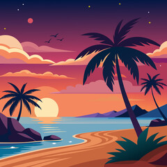 A serene beach at sunset art vector illustration