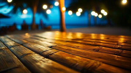 A wooden table sitting on top of a wooden floor next to a beach