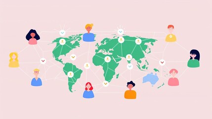 Online cultural networking, connecting global communities, flat design illustration