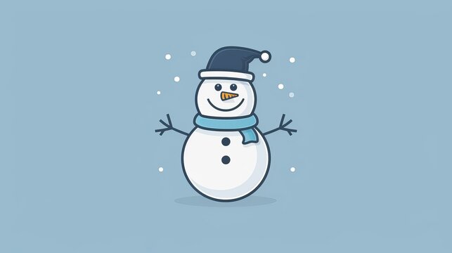 Snowman with a hat and scarf, minimalist design, clean lines, basic 2D vector illustration, uncomplicated and plain style