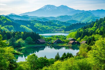 Fototapeta premium A view of a lake surrounded by trees and mountains