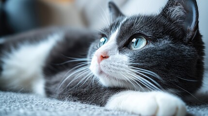 Side view of a black and white cat lying down, isolated on a white background. Perfect for stock photography.