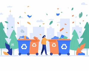 Automated public services, smart waste management, flat design illustration