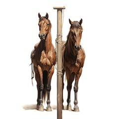 two horses on white background,Horses are looking at each other on a white background in the style of realistic depictions of huma,
