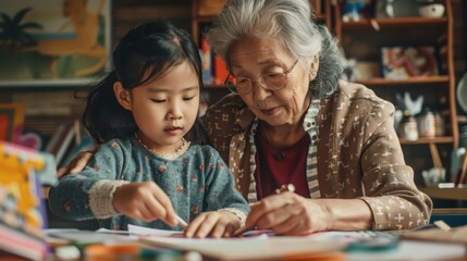 Fototapeta premium An elderly woman helps a young girl with an arts and crafts project at home, enjoying quality time together
