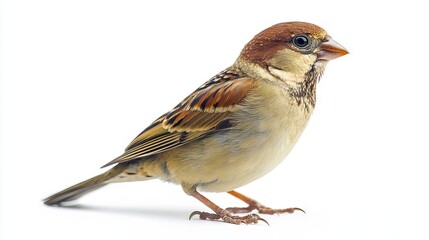 Fototapeta premium A small brown and white bird standing on a white surface
