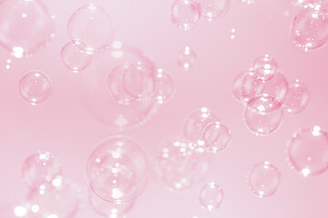 Beautiful Transparent Soap Bubbles Floating in The Air. Pink Textured Abstract Background. Celebration Festive Backdrop. Freshness Pink Soap Suds Bubbles Water.	
