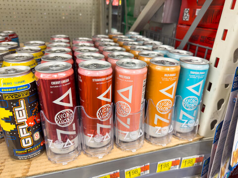 Rows of ZOA energy drinks on a market shelf. Seen on Mar 5, 2023 in Los Angeles, CA.