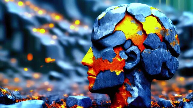 Surreal abstract cracked stone head sculpture in volcanic landscape molten lava conceptual art dark environment futuristic creative decay shattered texture orange fire artistic imagination

