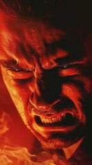 Obraz premium Angry man in full-length, scowling, his eyebrows furrowed and jaw clenched, against a fiery red background that amplifies the intensity of his anger.