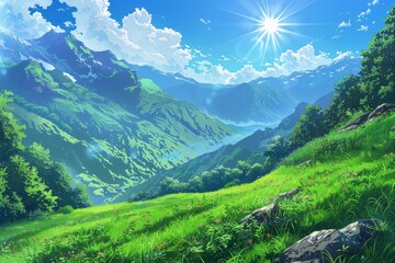 Naklejka premium Beautiful mountain views with very wide and green grass. The sky is bright blue with the sun dazzling the eyes. Beautiful mountains wallpaper with anime style. Landscape view