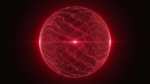 Abstract red energy ball with wavy ripple of particles on a surface and bright shine effect. Glowing transparent sphere background for atom nucleus or molecule visualization. Seamless vj loop 4K 60fps