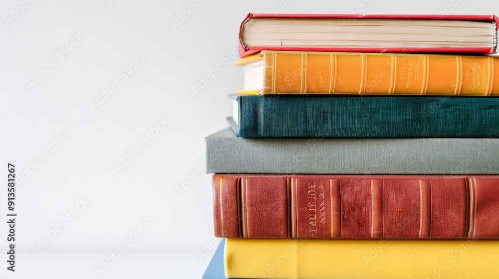 Poster a close-up view of a stack of books with different cover designs and colors, arranged neatly against