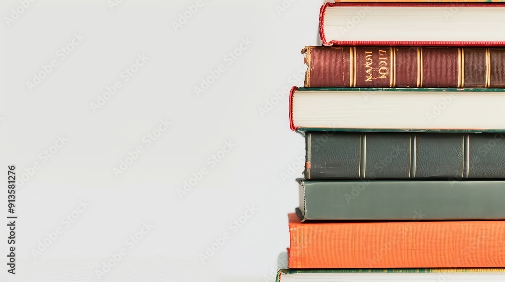 Poster a close-up view of a stack of books with different cover designs and colors, arranged neatly against