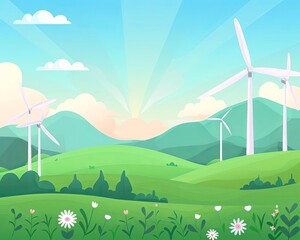 Sustainable energy, wind turbines in green field, flat design illustration