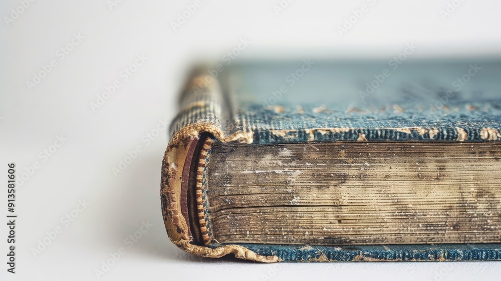 Poster a detailed image of a book with a unique spine design and textured cover, displayed against a white 