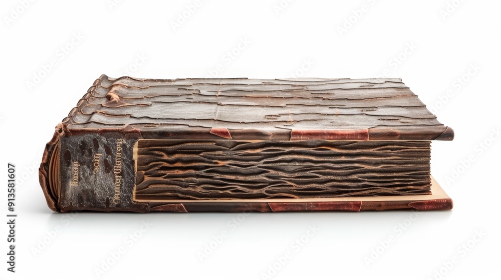 Poster a detailed image of a book with a unique spine design and textured cover, displayed against a white 