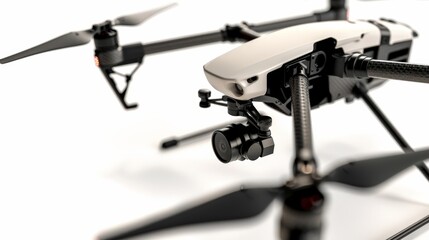 A detailed shot of a drone's landing gear and propellers, isolated on a white background to emphasize its stability and flight capabilities.