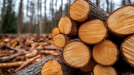 A pile of chopped timber logs, highlighting the raw, unfinished textures and natural wood grain, surrounded by fallen bark and forest debris