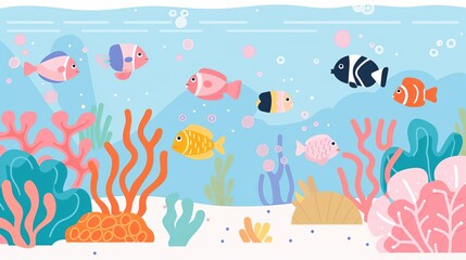 Marine biodiversity, coral reef with fish, flat design illustration