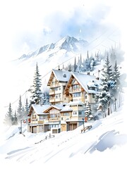 Fototapeta premium Watercolor Ski Resort Landscape Art