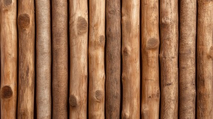 A rustic wooden cabin wall made from rough-hewn logs, showcasing the natural imperfections and textured bark remnants