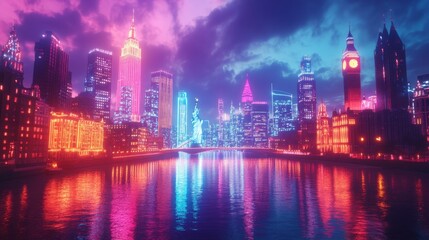 Fototapeta premium A 3D blender neon render of a futuristic cityscape featuring glo