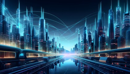 Fototapeta premium 3D rendering of digital city concept with blue background.