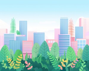 Urban biodiversity, green rooftops and parks, flat design illustration